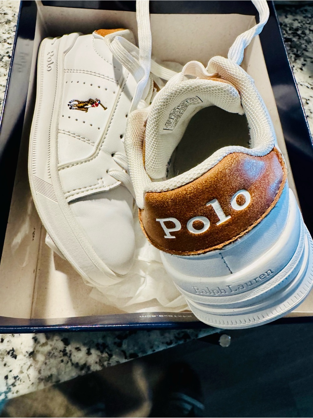 Ralph Lauren White Sneakers with Brown Suede Heel Kids Polo Shoes